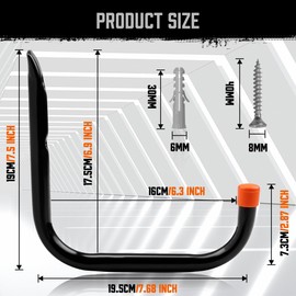 HORUSDY 6 Pack 8 Inch Heavy Duty Garage Hooks, Wall Mount Storage Hangers for Ladder, Bike, Hose, Tools, Holds up to 30LBS, Large Utility Hooks with Screws & Anchors, 7.5" x 7.68"