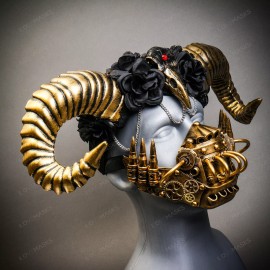 ILOVEMASKS Gold Raven Ram Horn Headband with Steampunk Mouth Mask Hallween Party Costume