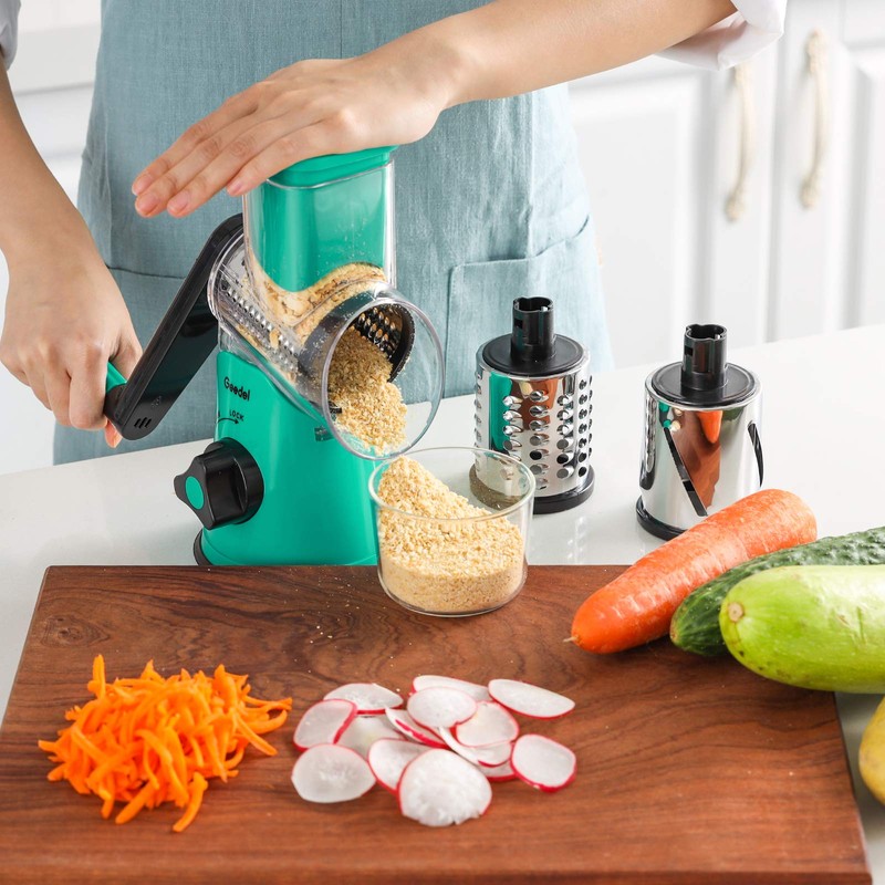 Geedel Rotary Cheese Grater with 3 Interchangeable Blades, Kitchen Mandoline