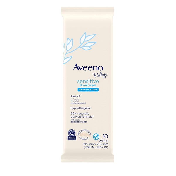 Aveeno Baby Sensitive All Over Wipes, Hypoallergenic, Paraben-& Fragrance-Free 10ct (Pack of 48, 480 Total Wipes)