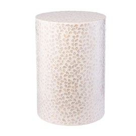PEMAR Capiz Shell Cylinder Drum End Table Nacre Capiz Shell Side Table Stool Drum Accent Coffee Bedside Round Nightstand and Vanity Stool (White Cream Floral Vine Pattern)