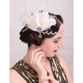 Aimimier 1920s Flapper Feather Headband Crystal Leaf Head Chain Headpiece Prom Party Roaring 20s Hair Jewelry for Women and Girls