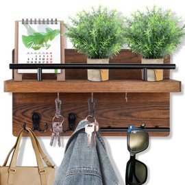 OurWarm Wall Mounted Key Holder/Hangers for Wall Decorative with 5 Key Hooks, Wooden Mail Rack Organizer with Shelf, Rustic Home Decor for Entryway Mudroom Hallway Office, Brown