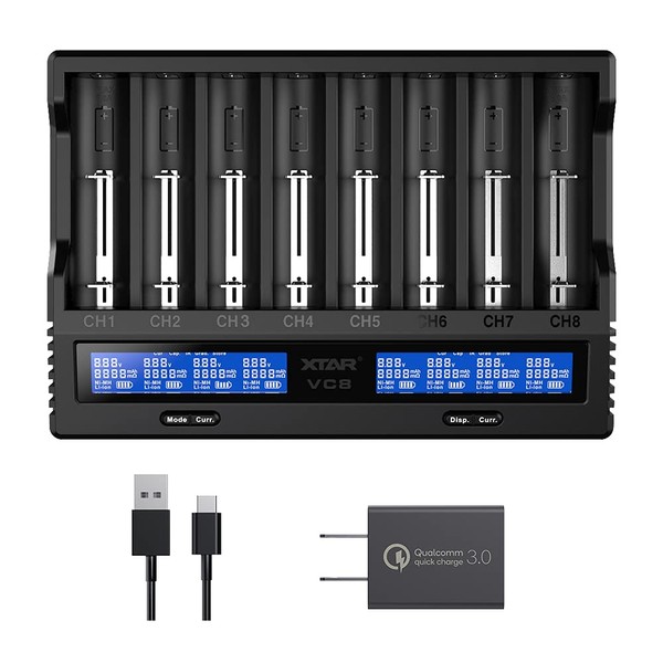 8 Bay18650 Battery Charger,XTAR VC8(VC4+VC4S) USB C 21700 Smart Speedy Charger for Rechargeable Li-ion IMR Ni-MH Ni-Cd AA AAA C 16340 26650 14500 18650 with 18W Adapter