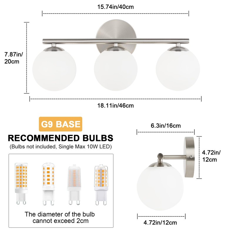 foucasal Brushed Nickel Bathroom Light Fixtures 3-Light Globe Vanity Light