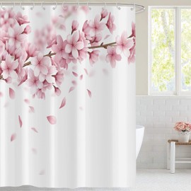 Hnmdmyi Cherry Blossom Shower Curtain 180x200, Pink Floral Shower Curtains Japanese Asian Style Sakura Art Bathroom Curtains with Hooks Waterproof Polyester Fabric Washable Bath Curtains for Wet Room