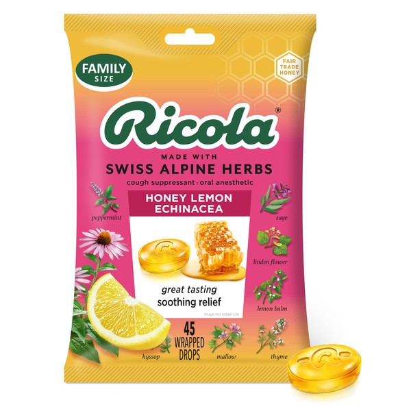 Ricola Cough Suppressant Throat Drops, Honey Lemon with Echinacea, 45 Drops, Fights Coughs Naturally, Soothes Sore Throats