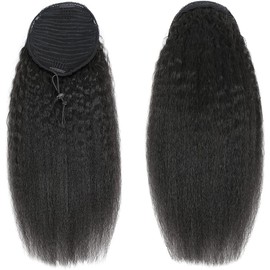 datanala Brazilian Remy Kinky Straight Ponytail Human Hair Extensions 20Inch Drawstring Ponytail Yanky Straight Human Hair Ponytail Clip in Hair Extensions Nature Black Color for Women