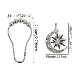 Celestial Shower Curtain Hooks 12 Pcs, Decorative Sun Moon Shower Hooks, Rust Proof Stainless Steel Curtain Rings, Witchy Hanger Boho Celestial Bathroom Tub Decor (Silver)