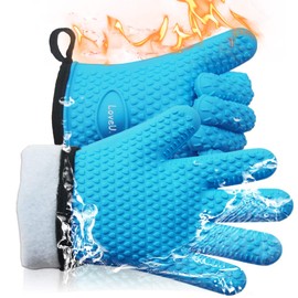 Loveuing Kitchen Oven Gloves - Dual-Layer Heat Resistant Grilling Gloves, Silicone Oven Mitts with 5 Fingers, Waterproof Non-Slip Pot Holder for Barbecue, Cooking, Baking (XL-XXXL, Blue)