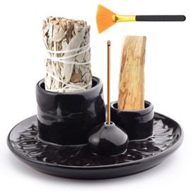 BELEFU 4 in 1 Black Ceramic Incense Holder, Multifunctional Palo Santo Holder with Ash Catcher Tray, Sage Burner Stand for Burning Candle Meditation Room Home Zen Decor