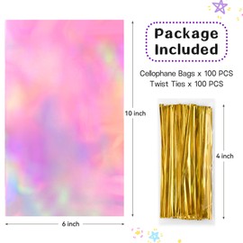 Ohuimrt 100 PCS Iridescent Cellophane Treat Bags, 6 x 10 Inches Holographic Plastic Goodie Bags with Ties for Party Favors, Candies, Cookies, Snacks, Small Gifts