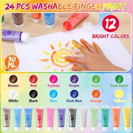 Wovnet 48 Pcs Washable Finger Paint Set for Kids Ages 3-12, Non-toxic Baby Safe Paint 12 Colors (1 Fl oz Each), Hand and Feet Painting Art Supplies, Preschool Learning Activities Gifts for Kids
