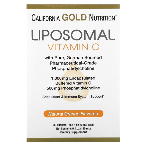 California Gold Nutrition Liposomal Vitamin C Liquid Supplement for Antioxidant & Immune Support - Vegan Friendly - Gluten Free, Non-GMO - 1,000 mg - 30 Packets - Natural Orange Flavor
