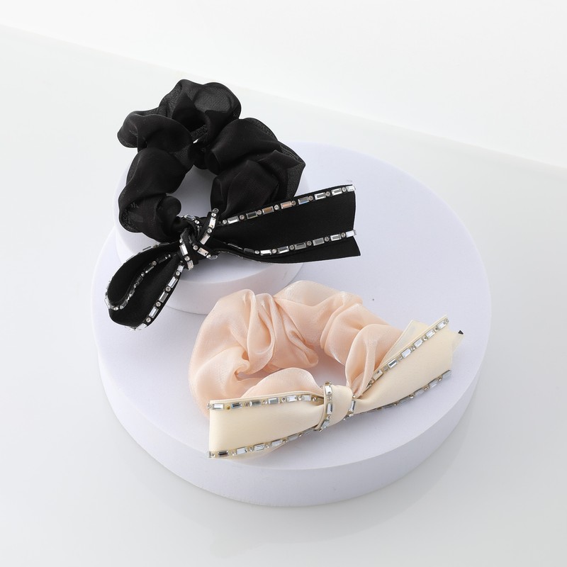 (2 types) Cubic Ribbon Scrunchy Black / (2종) 큐빅 리본