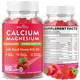 Calcium Gummies 1000mg with Vitamin D3 K2 & B Complex, Potassium, Calcium Magnesium Zinc Gummies for Bone, Muscle, Mood and Immunity - Vegan, Non-GMO, Strawberry Flavor 60 Count
