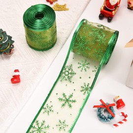 Christmas Ribbon for Tree, Green Organza Ribbon Snowflake Metallic Edge Swirl Glitter Sheer Ribbon Wired for Gift Wrapping DIY Crafts Wreath Making Party Holiday Birthday Decoration, 10 Yards x 2.5in