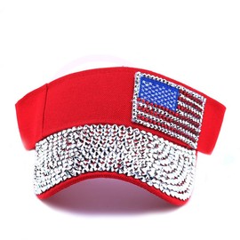 NICEYEA Bling Visor with Rhinestone USA Flag Shiny Rhinestones Sports Sun Visor Sun Hats Women's Visor Beach Visor Summer Cap Headband Cap Baseball Cap, red