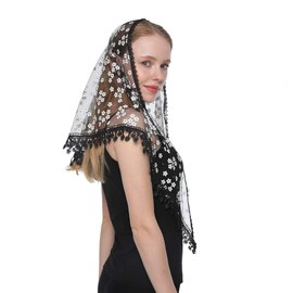 LMVERNA Triangle Lace Mantilla Veil Tulle Scarf Covering Church Veil for Mass Wedding Bridesmaids (Black2)