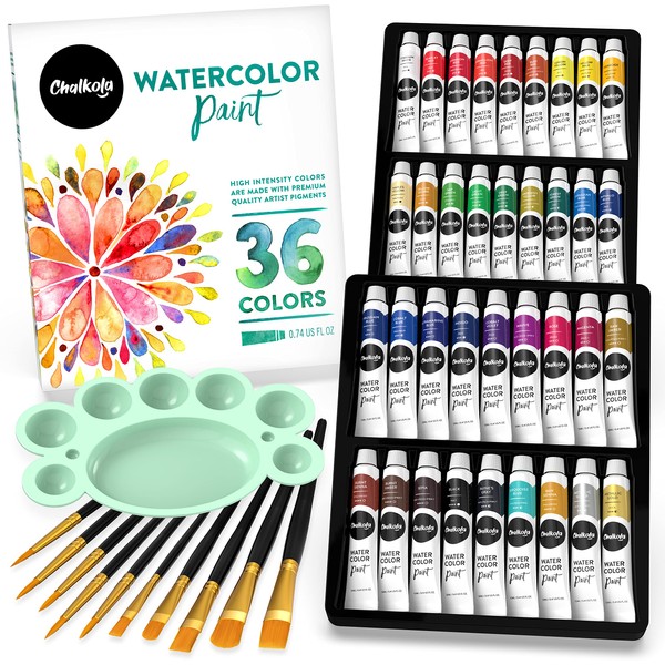 Chalkola Watercolor Paint Kit for Adults - 36 Watercolor Tubes (12ml, 0.4oz), 10 Painting Brushes & 1 Palette - Water Colour Paint Set for Kids, Beginners & Professional Artists | Watercolour Supplies