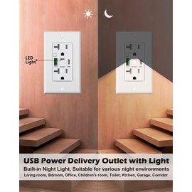 PD USB Outlet with Light,20W Power Delivery USB Receptacle with Night Light, 20A Tamper-Resistant Wall Outlet, Fast Charging Type A & USB-C Charger for Smartphones, Laptops, Tablets (1, White)