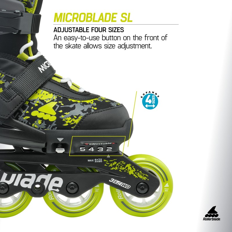 Rollerblade Microblade SL Kids Adjustable Fitness Inline Skate, Black/Lime,Junior, Youth
