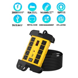 CRST Heavy Duty Power Strip with USB (3.1A),10-Outlet Metal Surge Protector Power Strip with 15FT Cord(2800J),15A Circuit Breaker, Wall Mount, ETL Listed