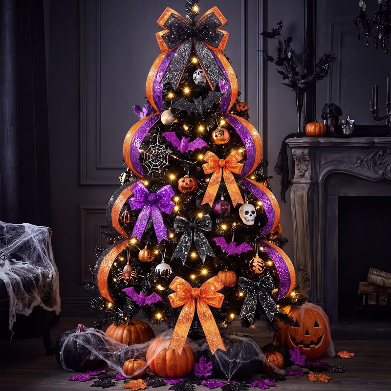 3 Rolls Purple Black Orange Glitter Mesh Wired Ribbon Halloween