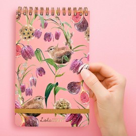 Lola Design - Top Spiral Notepad with Elastic Closure, Wren Bird Pattern - Perfect for Jotting Down Notes, Shopping Lists, Reminders - 185x120x10mm, 150 Tear-off Pages