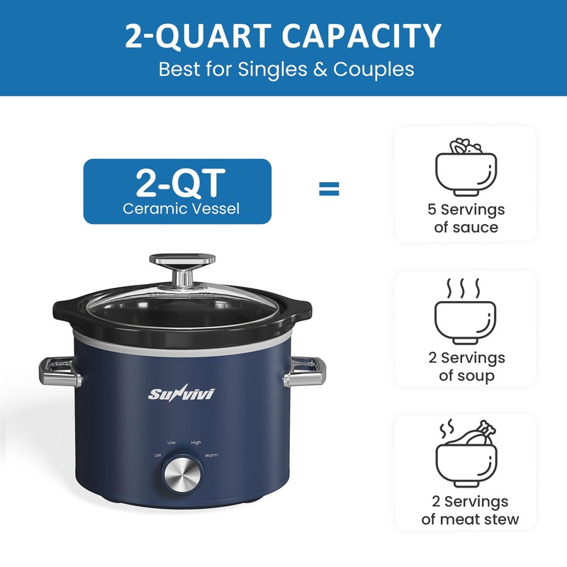 Sunvivipro 2QT Small Slow Cooker with Removable Ceramic Pot, Food