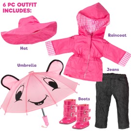 Dress Along Dolly 6pc Rainy Day 18" Doll Outfit- American Clothes & Accessories Set Includes Raincoat, Umbrella, Boots, Hat, Pants & Shirt- Perfect Girl Gift Set for Less
