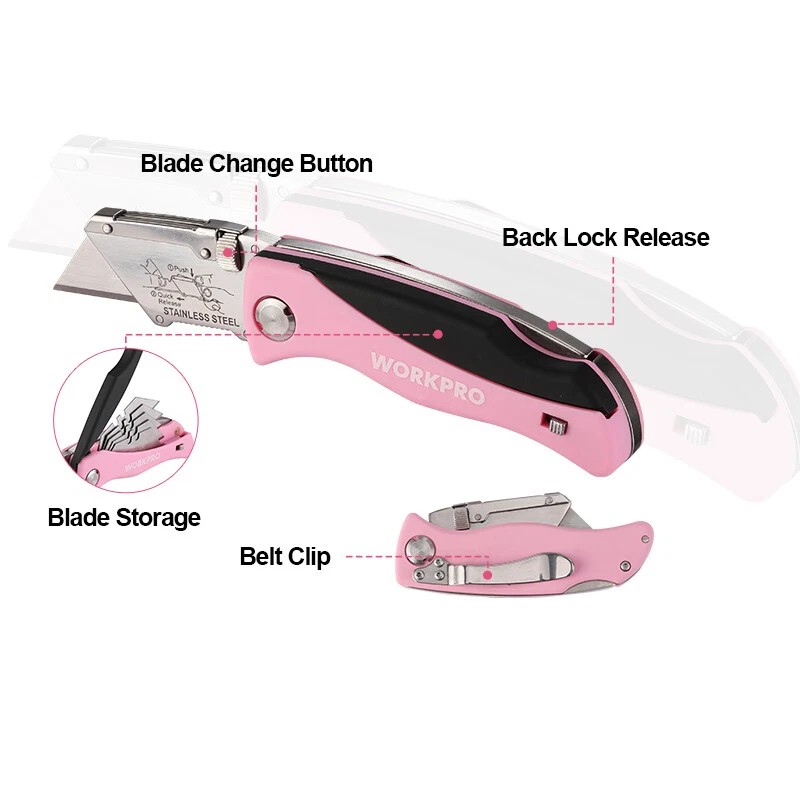 WORKPRO Folding Utility Knife Quick Change Box Cutter Pink Razor