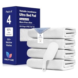 Washable Incontinence Bed Pads 86x91cm (Pack of 4) with Tuck-In Flaps, Waterproof Mattress Protector, Water Absorbent Pads, Washable Bed Pads For Incontinence Adults