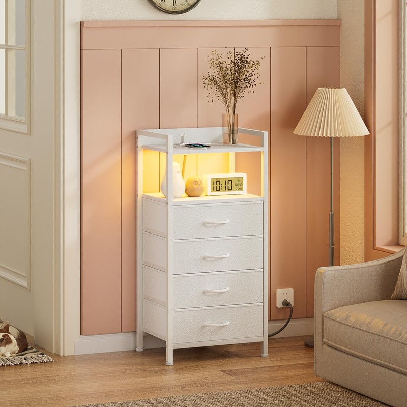 Furnulem White Nightstand with Charging Station, Night Stand Side Table