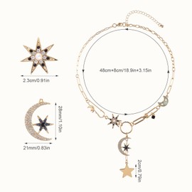 Mikovivi Gold Charm Necklace, Sun Moon and Star Necklace Boho Paperclip Necklace Vintage Chunky Pendant Necklace Jewelry Gift for Women Birthday