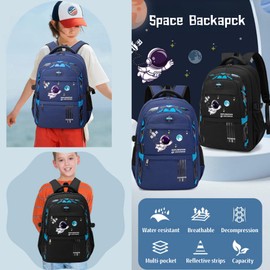 Space Kids Backpack for Boys, Multi-Pocket Boys School Bags Backpacks with Astronaut Pendant, Black