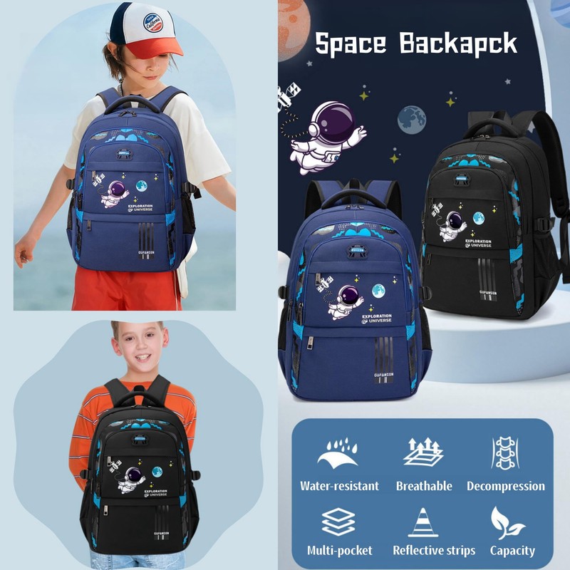 Space Kids Backpack for Boys, Multi-Pocket Boys School Bags Backpacks