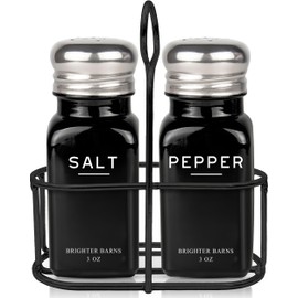 Black Salt and Pepper Shakers Set with Holder by Brighter Barns - Farmhouse Kitchen Decor, Modern Kitchen Essentials, Dining Table Centerpiece Decor - Glass Shakers with Caddy for Restaurants (Black)