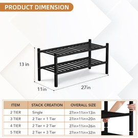 2 Tier Bamboo Shoe Rack Storage Organizer for Closet, Multifunctional Stackable Free Standing Shoe Shelf Organizer for Small Space,Entryway,Hallway,Bathroom 27"x11"x13" (Black, 2 Tier)