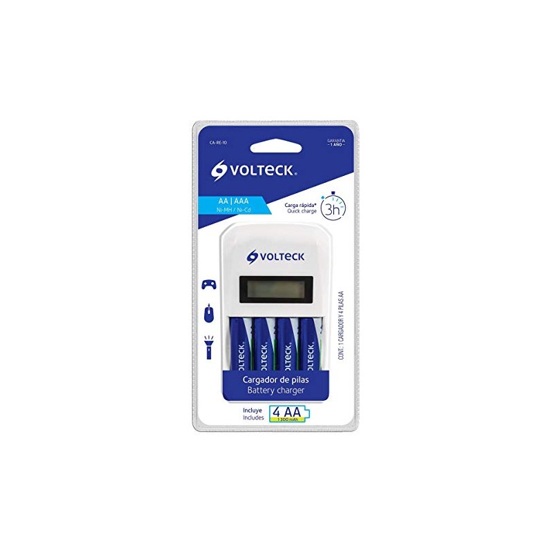 Volteck Cargador de Pilas, AA, AAA, Incluye 4 Pilas AA