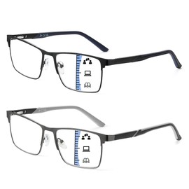 JM Progressive Multifocus Reading Glasses Men, Blue Light Blocking Readers No Line Metal Eyeglasses with Spring Hinge 2 Pack +2.0