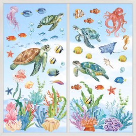 wondever Under The Sea Turtle Fish Window Clings Ocean Animal Seaweed Glass Sticker Decal Anti Collision Double-Side Static Window Stickers for Home Glass Window