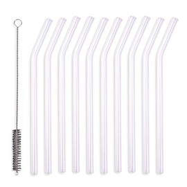 Schramm® Pack of 10 Glass Straws Curved Transparent with Cleaning Brush Reusable Drinking Straws Glass Straw
