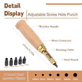 Adjustable Japanese Screw Punch, Screw Hole Punch, 6 Tip Sizes Leather Paper Craft Adjustable Screw, Leather Hole Punch, Belt Hole Puncher, Wood Handle Hole Punch Bookbinding Tool for Sewing Leather