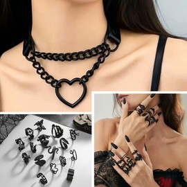 PNYFIL 26 Pcs Gothic Punk Jewelry Set for Women & Men - Y2K Emo Goth Grunge Accessories Kit with Leather Studded Bracelets, Heart Chain Chokers, Black Earrings & Vintage Rings | Rock Outfit Gift