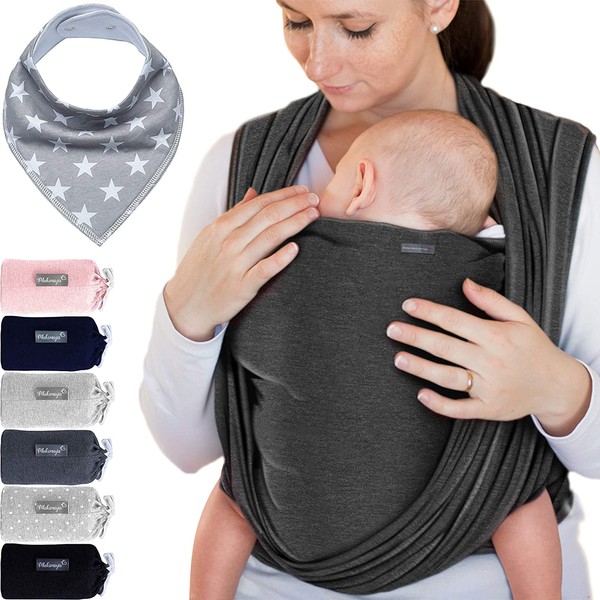 Makimaja - Soft Cotton Baby Wrap Carrier - Dark Grey - Shoulder Strap for Newborns and Babies Up to 15 Kg - Includes Storage Bag and Bib