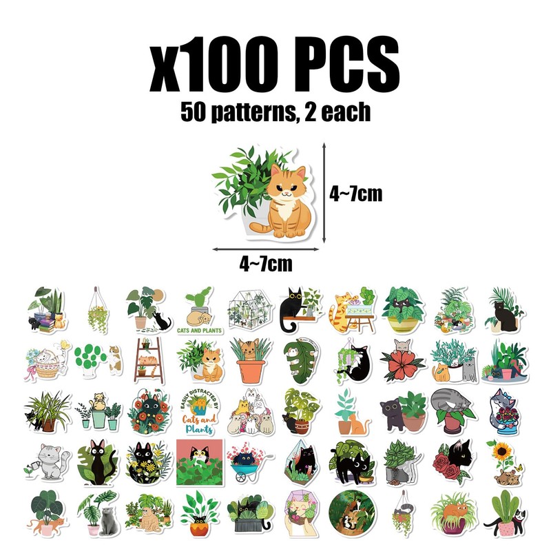 100 Cartoon Stickers, Creative Cat And Plant Stickers, Various Graffiti