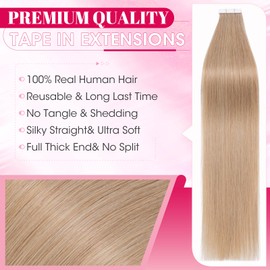 MY-LADY 20pcs Invisible Seamless Tape in Hair Extensions Human Hair - Remy Straight Real Hair #27 Dark Blonde - 14 Inch 40g