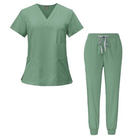 Meichoon Medical Scrubs Set V-Neck Elastic Short-Sleeved Top Tight Pants Quick-Drying Oral Nurse Doctor Uniform DK05 Green Medium