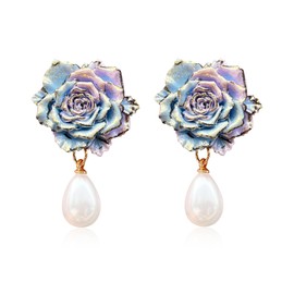 Peasimy Faux Pearl Charm Resin Flower Dangle Drop Earrings Studs For Women (Blue)